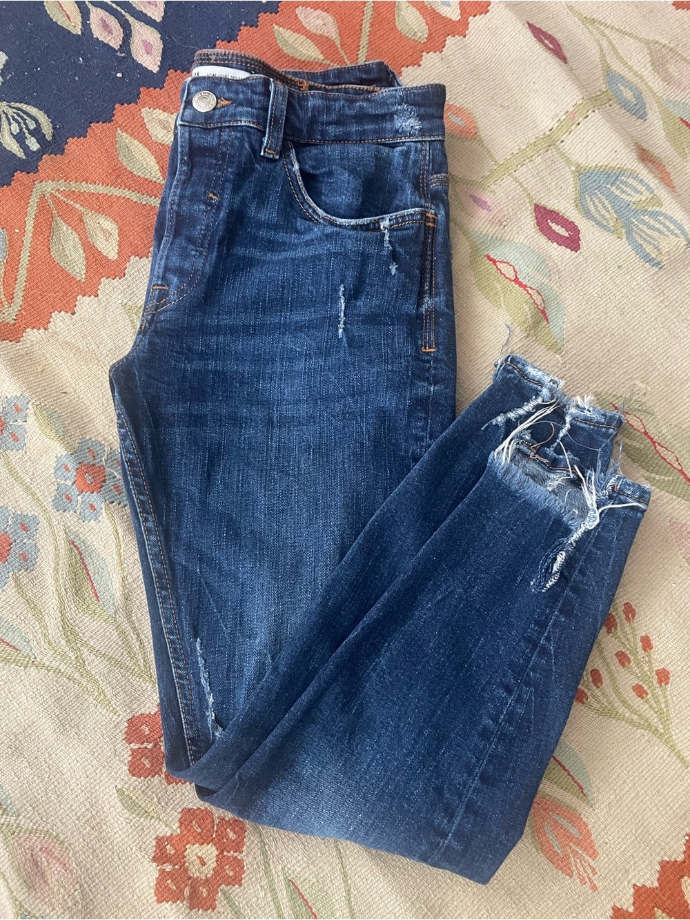 Zara Distressed Skinny Jeans Blue Ripped Denim Frayed Hem Tag Size 31 Fits 0 2